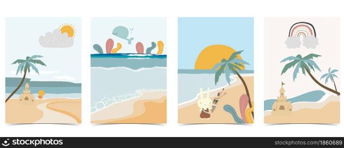 Collection of kid postcard set with sand,sea, sun.Editable vector illustration for website, invitation,postcard and sticker