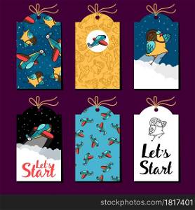 Collection of labels with birds and planes for boy gift