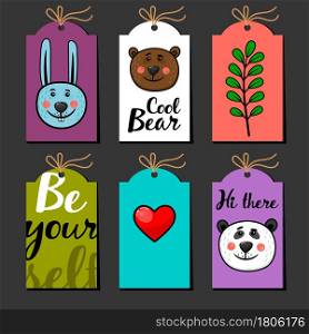 Collection of labels with rabbit, panda, bear and heart