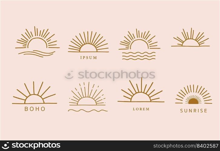 Collection of line design with sun,sea,wave.Editable vector illustration for website, sticker, tattoo,icon
