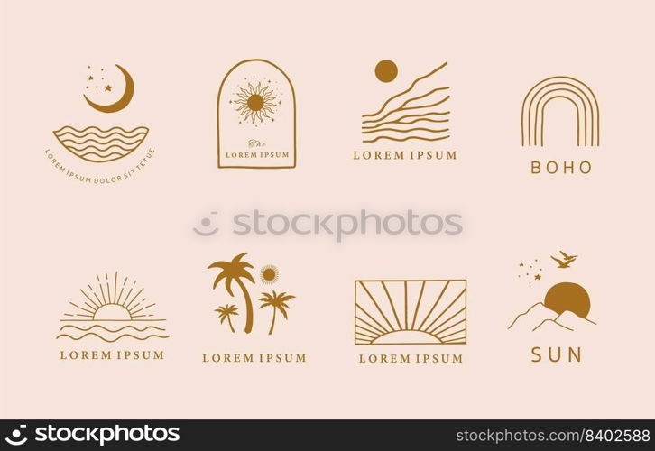 Collection of line design with sun,sea,wave.Editable vector illustration for website, sticker, tattoo,icon