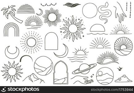 Collection of line design with sun,sea,wave,mountain.Editable vector illustration for website, sticker, tattoo,icon