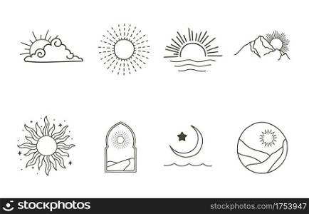 Collection of line design with sun,sea,wave,mountain.Editable vector illustration for website, sticker, tattoo,icon