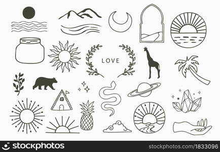Collection of line design with sun,tree.Editable vector illustration for website, sticker, tattoo,icon