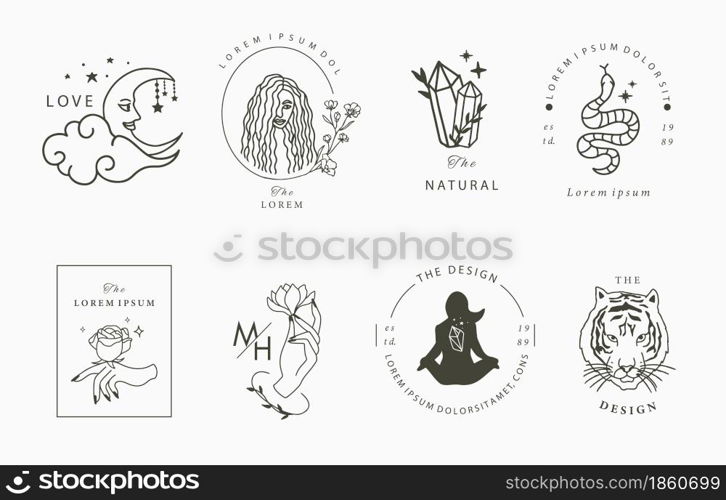 Collection of line design with woman,crystal,moon.Editable vector illustration for website, sticker, tattoo,icon