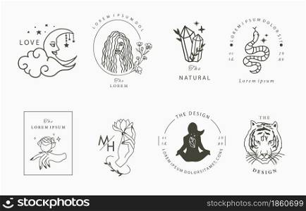 Collection of line design with woman,crystal,moon.Editable vector illustration for website, sticker, tattoo,icon