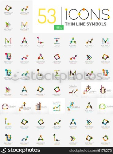 Collection of linear business logos - charts letters and abstract universal shapes. Growing stats finance concepts, clean modern symbols, graphs. Branding logotype company emblem ideas and branding business identity