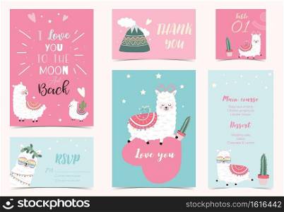 Collection of llama with cactus.Editable vector illustration for website, invitation,postcard and banner