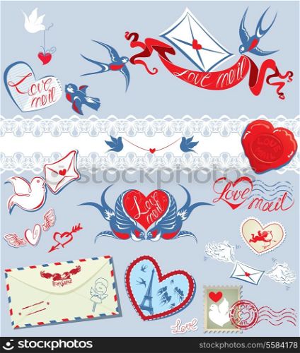 Collection of love mail design elements - birds, envelops, hearts, calligraphic text LOVE MAIL - Valentine`s Day or Wedding postage set.
