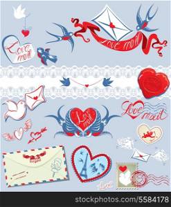 Collection of love mail design elements - birds, envelops, hearts, calligraphic text LOVE MAIL - Valentine`s Day or Wedding postage set.