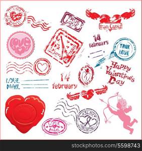 Collection of love mail design elements - postmarks- Valentine`s Day or Wedding postage set.