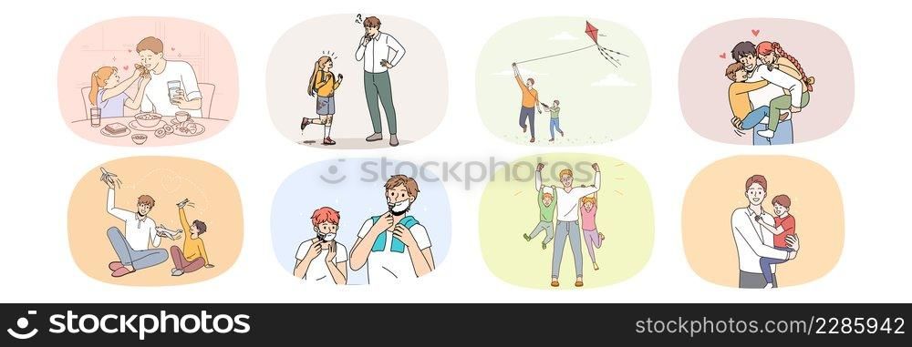 Collection of loving father and small child play together at home and outdoors. Set of happy caring dad have fun spend weekend time with little kid. Fatherhood concept. Flat vector illustration. . Set of caring loving father play with children 