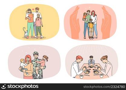 Collection of loving young family with children show unity and care. Set of smiling parents with small kids feel grateful and protected. Bonding and relation. Parenthood. Vector illustration.. Bundle of happy family with kids show unity