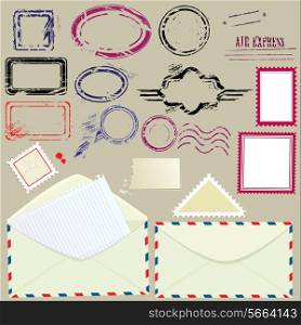 Collection of mail design elements - blank postmarks, stamps and envelopes - postage set.