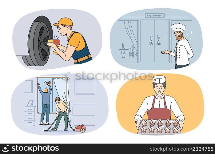 Collection of male jobs and professions. Set of men occupations and careers. Mechanic or repairman, chef, cleaner and pastry cook. People works and positions. Vector illustration.. Set of men occupations and professions