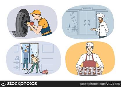 Collection of male jobs and professions. Set of men occupations and careers. Mechanic or repairman, chef, cleaner and pastry cook. People works and positions. Vector illustration.. Set of men occupations and professions