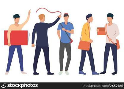 Collection of male students with books and bags. Group of young men studying at university. Vector illustration of flat cartoon characters can be used for promo, knowledge, presentation. Collection of male students with books and bags