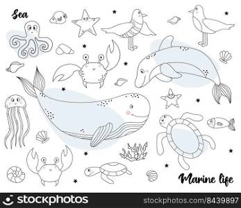 Collection of marine life. large Set of animals and birds - whale and dolphin, seagulls and fish, crab and jellyfish, turtle and octopus. Vector. Sketch, outline. Isolated on white