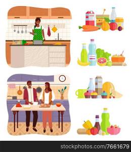 Collection of meals, dietary menu with healthy ingredients. People cooking at home in kitchen. Couple in love preparing food for occasion, female character making meals boiling soup, vector in flat. Couple Cooking in Kitchen at Home, Set of Food