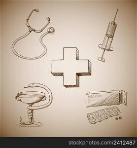 Collection of medical symbols of phonendoscope pills and syringe isolated vector illustration