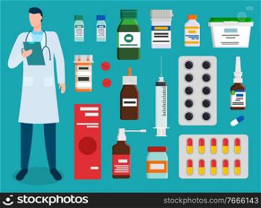 Collection of medicine and doctor examining history of patient illness. Set of pills and syringe, tubes and inhalers for sickness treatment. Surgeon looking at xray in hands. Medical care vector. Doctor Looking at Xray Results, Medication Set