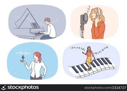 Collection of men and women and musical hobbies or occupations. Set of people play music instruments and sing. Musician and artist profession and career. Vector illustration.. Set of people and music hobbies