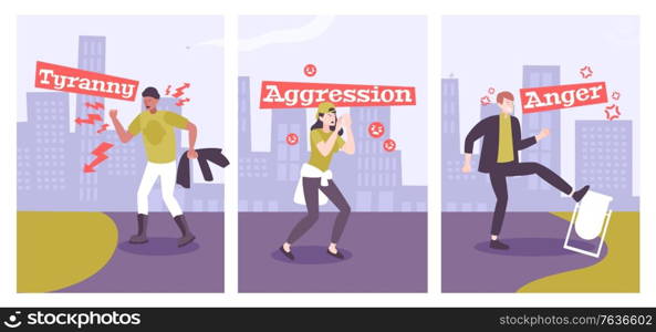 Collection of men and women with mental disorders so as aggression tyranny anger flat vector illustration