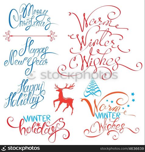 Collection of Merry Christmas and Happy New Year calligraphy handwritten texts for winter holidays design.