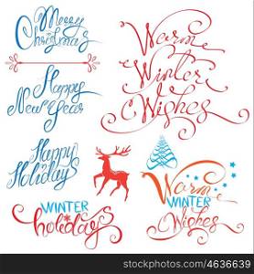 Collection of Merry Christmas and Happy New Year calligraphy handwritten texts for winter holidays design.