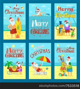 Collection of Merry Christmas postcards holiday. Santa have rest on beach with monkey and snowman, swimming and standing with phone and surfboard vector. Collection of Merry Christmas Holiday Cards Vector