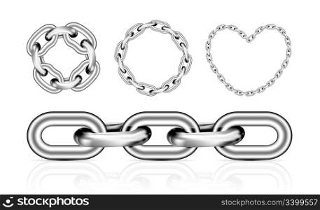 Collection of metal chain parts on white background. Vector illustration. Mesh tool used