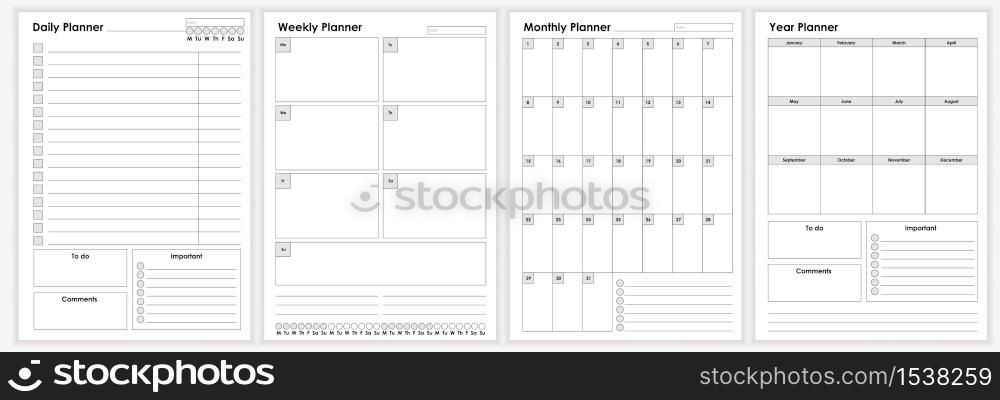 Collection of minimalist life and business planner sheets vector graphic illustration. Daily, weekly, monthly, year planners template. Empty blank notebook page isolated on white. Collection of minimalist life and business planner sheets vector graphic illustration