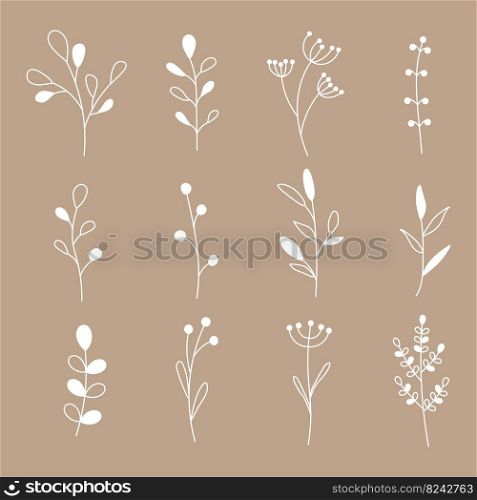 Collection of minimalistic simple floral elements. Graphic sketch. Fashionable tattoo design. Flowers, grass and leaves. Botanical natural elements. Vector illustration. Outline, line, doodle style. Collection of minimalistic simple floral elements. Graphic sketch. Fashionable tattoo design. Flowers, grass and leaves. Botanical natural elements. Vector illustration. Outline, line, doodle style. 