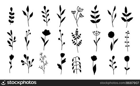 Collection of minimalistic simple floral elements. Graphic sketch. Fashionable tattoo design. Flowers, grass and leaves. Botanical natural elements. Vector illustration. Outline, line, doodle style. Collection of minimalistic simple floral elements. Graphic sketch. Fashionable tattoo design. Flowers, grass and leaves. Botanical natural elements. Vector illustration. Outline, line, doodle style. 