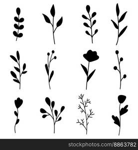 Collection of minimalistic simple floral elements. Graphic sketch. Fashionable tattoo design. Flowers, grass and leaves. Botanical natural elements. Vector illustration. Outline, line, doodle style. Collection of minimalistic simple floral elements. Graphic sketch. Fashionable tattoo design. Flowers, grass and leaves. Botanical natural elements. Vector illustration. Outline, line, doodle style. 