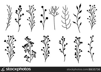 Collection of minimalistic simple floral elements. Graphic sketch. Fashionable tattoo design. Flowers, grass and leaves. Botanical natural elements. Vector illustration. Outline, line, doodle style. Collection of minimalistic simple floral elements. Graphic sketch. Fashionable tattoo design. Flowers, grass and leaves. Botanical natural elements. Vector illustration. Outline, line, doodle style. 