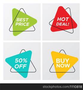 Collection of modern abstract sale banner in creative form. Minimal vintage design triangle sign template with promo offer title in bright colors. Vector illustration sale tag for online marketing. Set of abstract geometric bright triangle sale tag