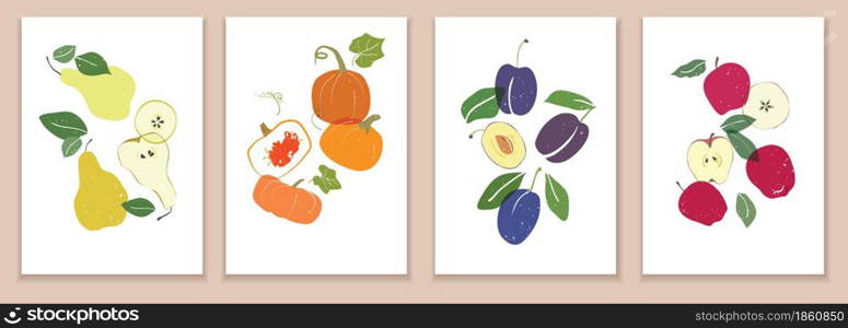 Collection of modern art posters. Abstract illustration of fruits. Pear, pumpkin, plum, apples. Abstract paper cut elements, berries and vegetables for social networks, postcards, print, packaging. Collection of modern art posters. Abstract illustration of fruits. Pear, pumpkin, plum, apples. Abstract paper cut elements