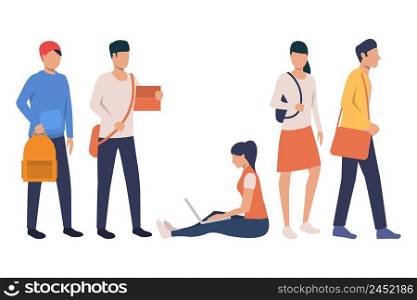 Collection of modern college students with bags. Group of young people in casual outfits. Vector illustration for high school, presentation, studying. Collection of modern college students with bags