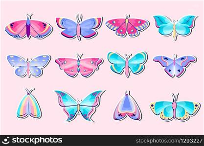 Collection of moths and butterflies stickers on pink background
