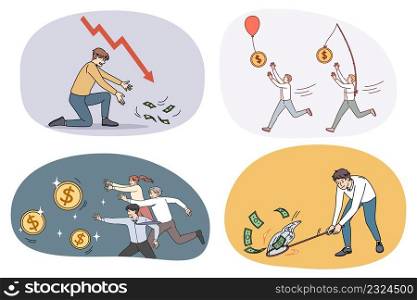 Collection of motivated businesspeople run catch money strive for business success. Set of employees chase after banknotes and coins. Finance and banking. Vector illustration.. Set of motivated employees run after money