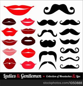 Collection of moustaches and lips. Collection of moustaches and lips on white