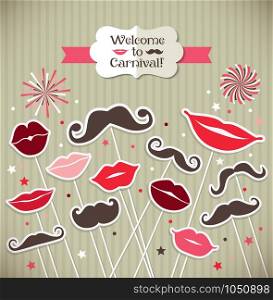 Collection of moustaches and lips. Vector illustration of trend symbols. Welcome to carnival card.. Collection of moustaches and lips. Vector illustration of trend symbols.