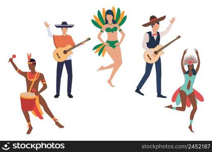 Collection of musicians at Brazilian carnival. Happy men and women in traditional costumers at traditional annual celebration. Vector illustration for promo, leaflet, commercial. Collection of musicians at Brazilian carnival