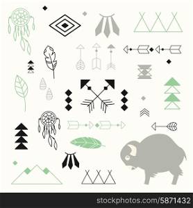 Collection of native American symbols with cute baby buffalo and dream catcher, vector illustration