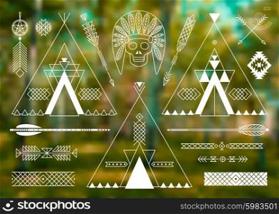 Collection of Native American tribal stylized elements for design. Vector illustration.