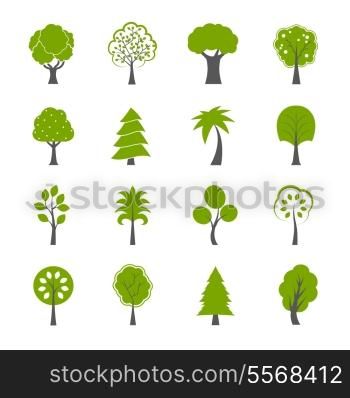 Collection of natural green trees icons set pine fir oak and other trees isolated vector illustration