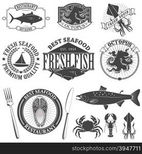 Collection of nautical labels, seafood illustrations and designed elements in vector. Emblem, label or badge template.