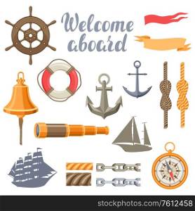 Collection of nautical symbols and items. Marine retro decorative illustration.. Collection of nautical symbols and items.