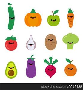 Collection of nice vegetable cartoon cute character. Kawaii funny food vegetable set isolated white. Funny smile organic character cute